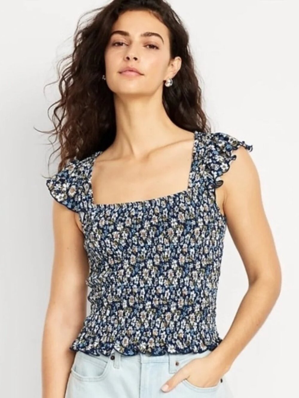 Old Navy Navy Floral Flutter Sleeve Smocked Square-Neck Camisole Size L